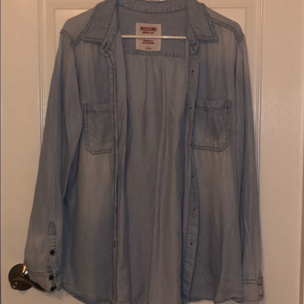 blue and white striped button up